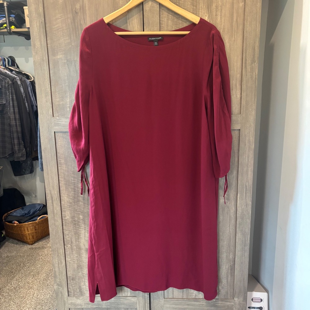 Eileen Fisher Burgundy 100% Silk Georgette Tie Sleeve Shift Dress Large